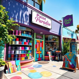 A vibrant and inviting paint store exterior, showcasing a colorful facade with large windows displaying an array of paint cans in various hues