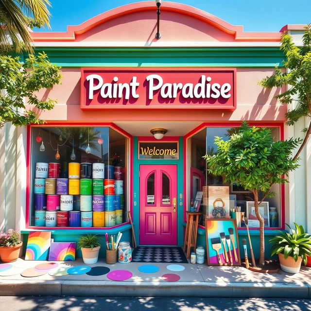 A vibrant and inviting paint store exterior, showcasing a colorful facade with large windows displaying an array of paint cans in various hues