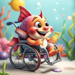 A whimsical scene featuring a cartoon-style fish sitting in a colorful wheelchair, joyfully playing with a cellphone