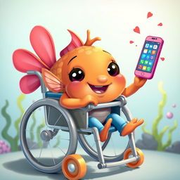 A whimsical scene featuring a cartoon-style fish sitting in a colorful wheelchair, joyfully playing with a cellphone