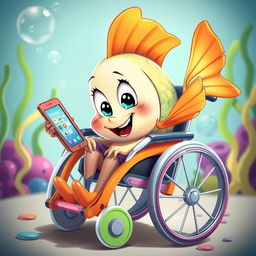 A whimsical scene featuring a cartoon-style fish sitting in a colorful wheelchair, joyfully playing with a cellphone