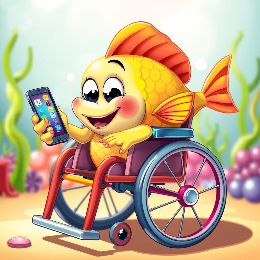 A whimsical scene featuring a cartoon-style fish sitting in a colorful wheelchair, joyfully playing with a cellphone