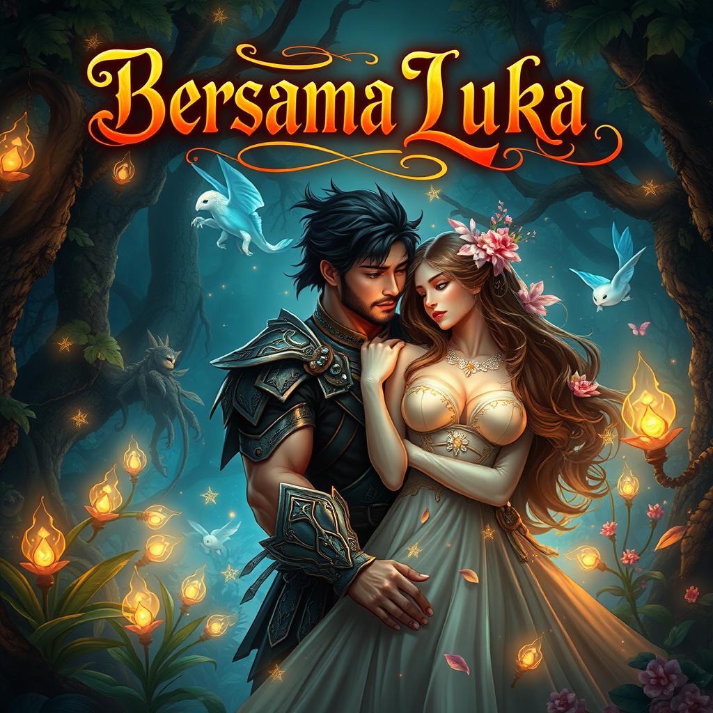 A captivating fantasy fiction book cover titled 'Bersama Luka' that depicts the complex relationship between Gaffa and Luisa