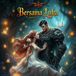 A captivating fantasy fiction book cover titled 'Bersama Luka' that depicts the complex relationship between Gaffa and Luisa