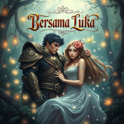 A captivating fantasy fiction book cover titled 'Bersama Luka' that depicts the complex relationship between Gaffa and Luisa