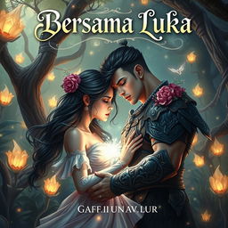 A captivating fantasy fiction book cover titled 'Bersama Luka' that depicts the complex relationship between Gaffa and Luisa