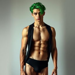 A sexy young man with striking green hair, wearing a tight black outfit that highlights his physique