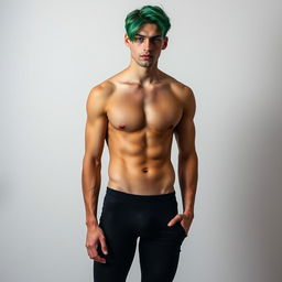 A sexy young man with striking green hair, wearing a tight black outfit that highlights his physique