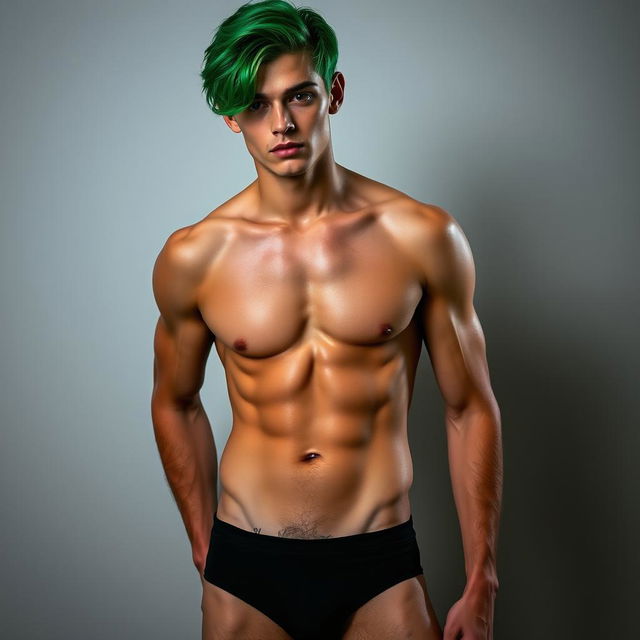 A sexy young man with striking green hair, wearing a tight black outfit that highlights his physique