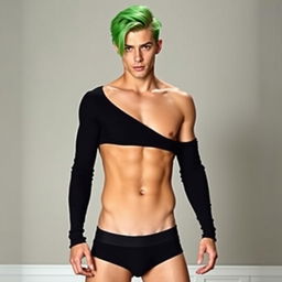 A sexy young man with striking green hair, wearing a tight black outfit that highlights his physique