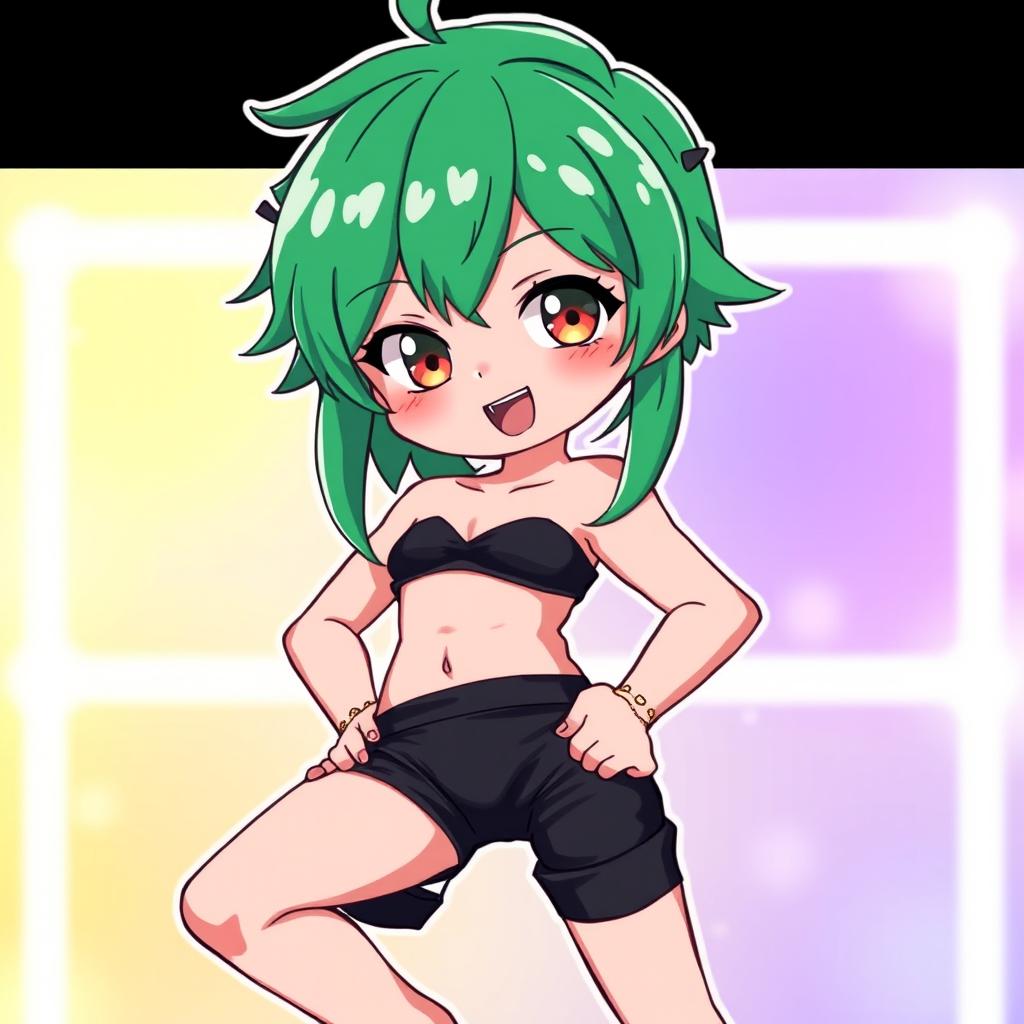 A cartoon character of a sexy, feminine boy with green hair, wearing a black outfit