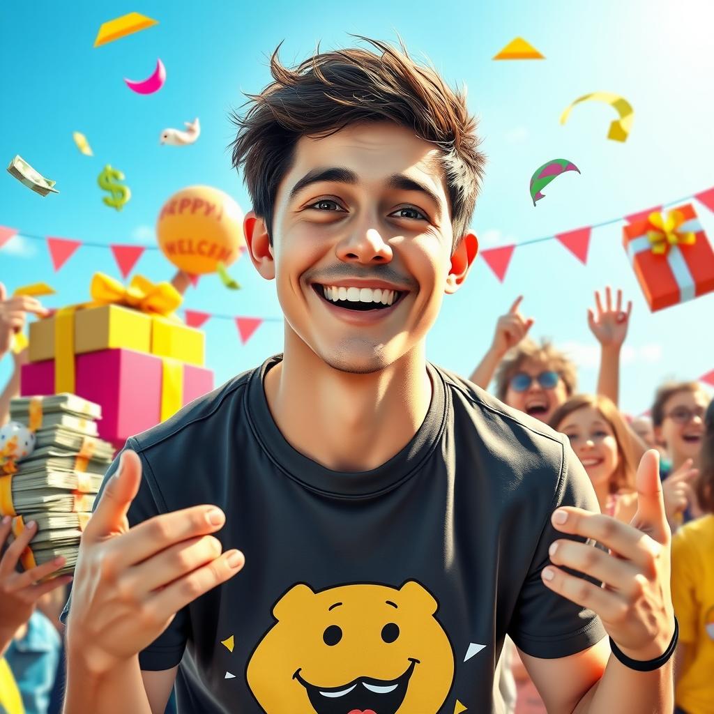 A hyper-realistic portrait of a popular content creator inspired by MrBeast, featuring a young man with short dark hair and a friendly smile
