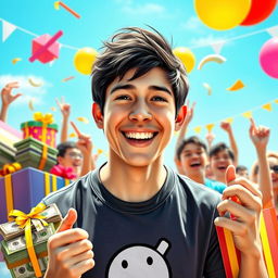 A hyper-realistic portrait of a popular content creator inspired by MrBeast, featuring a young man with short dark hair and a friendly smile