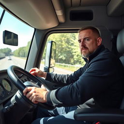 A professional truck driver sitting confidently behind the wheel of a modern semi-truck, specifically a SITRAK C7H