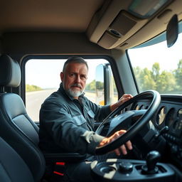 A professional truck driver sitting confidently behind the wheel of a modern semi-truck, specifically a SITRAK C7H