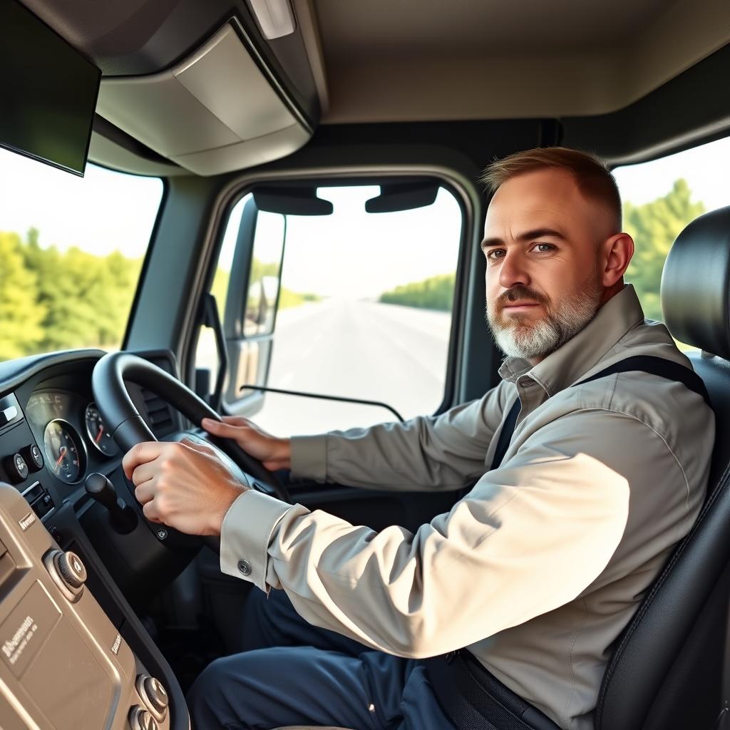 A professional truck driver sitting confidently behind the wheel of a modern semi-truck, specifically a SITRAK C7H