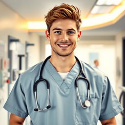 A portrait of Louis Tomlinson, the popular singer, wearing medical scrubs and standing confidently in a hospital setting