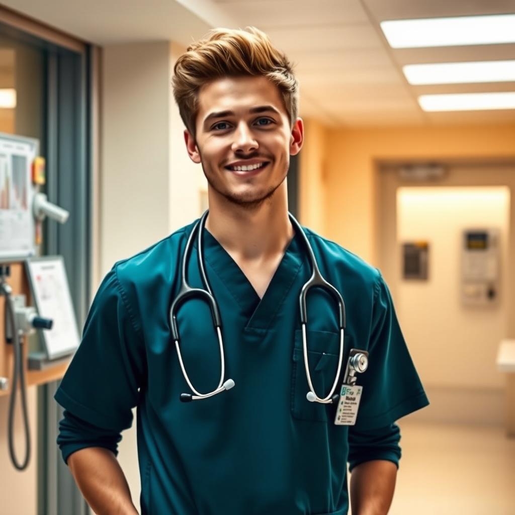 A portrait of Louis Tomlinson, the popular singer, wearing medical scrubs and standing confidently in a hospital setting