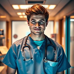 A portrait of Louis Tomlinson, the popular singer, wearing medical scrubs and standing confidently in a hospital setting