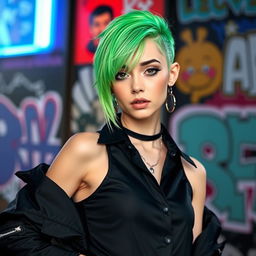 A stylish femboy with vibrant green hair, dressed in sleek black clothing