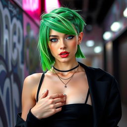 A stylish femboy with vibrant green hair, dressed in sleek black clothing