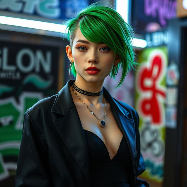 A stylish femboy with vibrant green hair, dressed in sleek black clothing