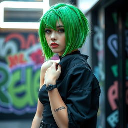 A stylish femboy with vibrant green hair, dressed in sleek black clothing