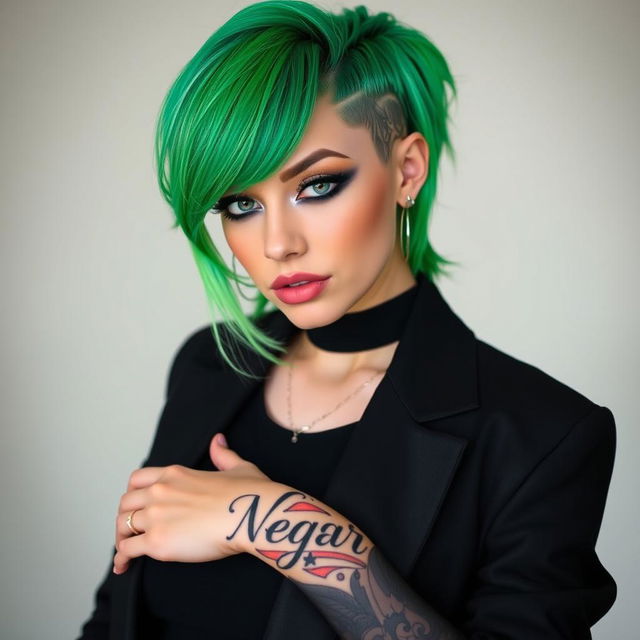 A stylish femboy with vibrant green hair, dressed in sleek black attire