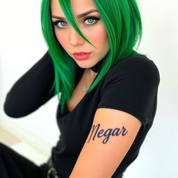 A stylish femboy with vibrant green hair, dressed in sleek black attire