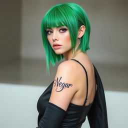 A stylish femboy with vibrant green hair, dressed in sleek black attire