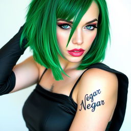 A stylish femboy with vibrant green hair, dressed in sleek black attire