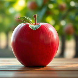 A beautifully detailed artistic representation of an apple, sitting on a wooden table, with soft natural light illuminating its smooth surface