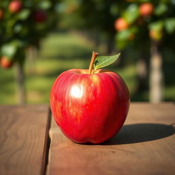 A beautifully detailed artistic representation of an apple, sitting on a wooden table, with soft natural light illuminating its smooth surface