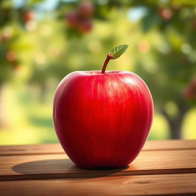 A beautifully detailed artistic representation of an apple, sitting on a wooden table, with soft natural light illuminating its smooth surface