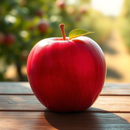 A beautifully detailed artistic representation of an apple, sitting on a wooden table, with soft natural light illuminating its smooth surface