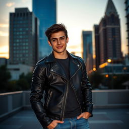 A handsome young man with dark hair, wearing a stylish, fitted leather jacket and jeans, standing confidently in an urban environment