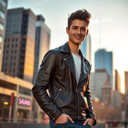 A handsome young man with dark hair, wearing a stylish, fitted leather jacket and jeans, standing confidently in an urban environment