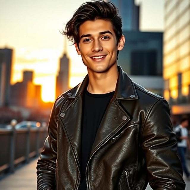 A handsome young man with dark hair, wearing a stylish, fitted leather jacket and jeans, standing confidently in an urban environment