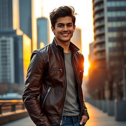 A handsome young man with dark hair, wearing a stylish, fitted leather jacket and jeans, standing confidently in an urban environment