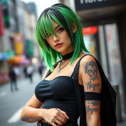A confident femboy with striking green and black hair, wearing a stylish black outfit