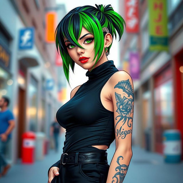 A confident femboy with striking green and black hair, wearing a stylish black outfit