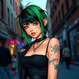 A confident femboy with striking green and black hair, wearing a stylish black outfit