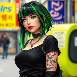 A confident femboy with striking green and black hair, wearing a stylish black outfit