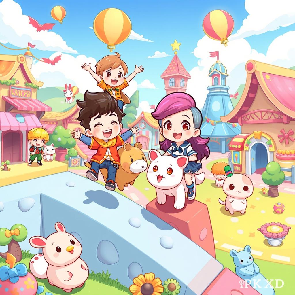 A cute illustration inspired by the PK XD game, featuring vibrant and colorful characters and environments