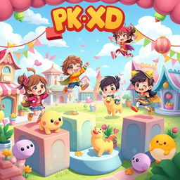 A cute illustration inspired by the PK XD game, featuring vibrant and colorful characters and environments