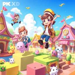 A cute illustration inspired by the PK XD game, featuring vibrant and colorful characters and environments