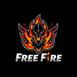 A dynamic and bold gaming logo inspired by Free Fire, featuring stylized flames, a fierce skull or helmet design, and vibrant colors like orange, red, and black