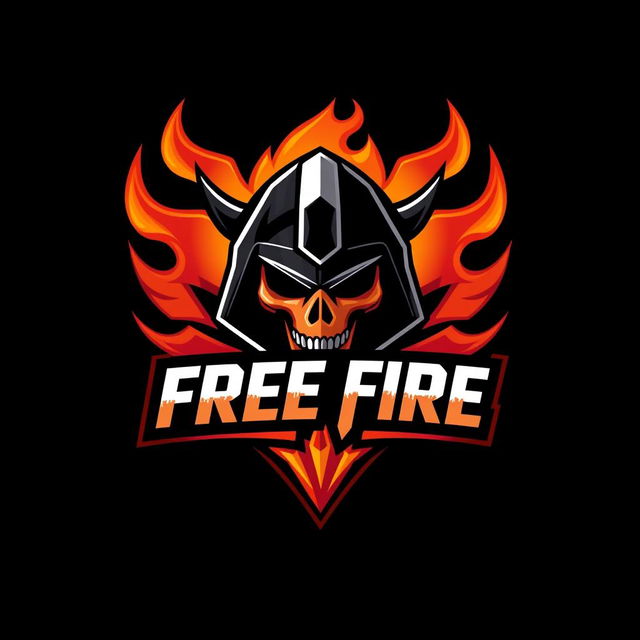 A dynamic and bold gaming logo inspired by Free Fire, featuring stylized flames, a fierce skull or helmet design, and vibrant colors like orange, red, and black