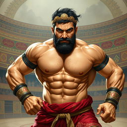 A powerful and charismatic portrait of Pahlavan Pourya, a legendary Iranian wrestler, depicted in traditional wrestling attire