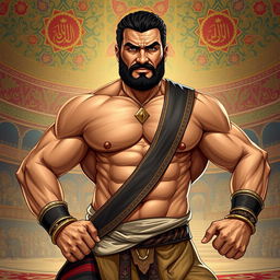 A powerful and charismatic portrait of Pahlavan Pourya, a legendary Iranian wrestler, depicted in traditional wrestling attire